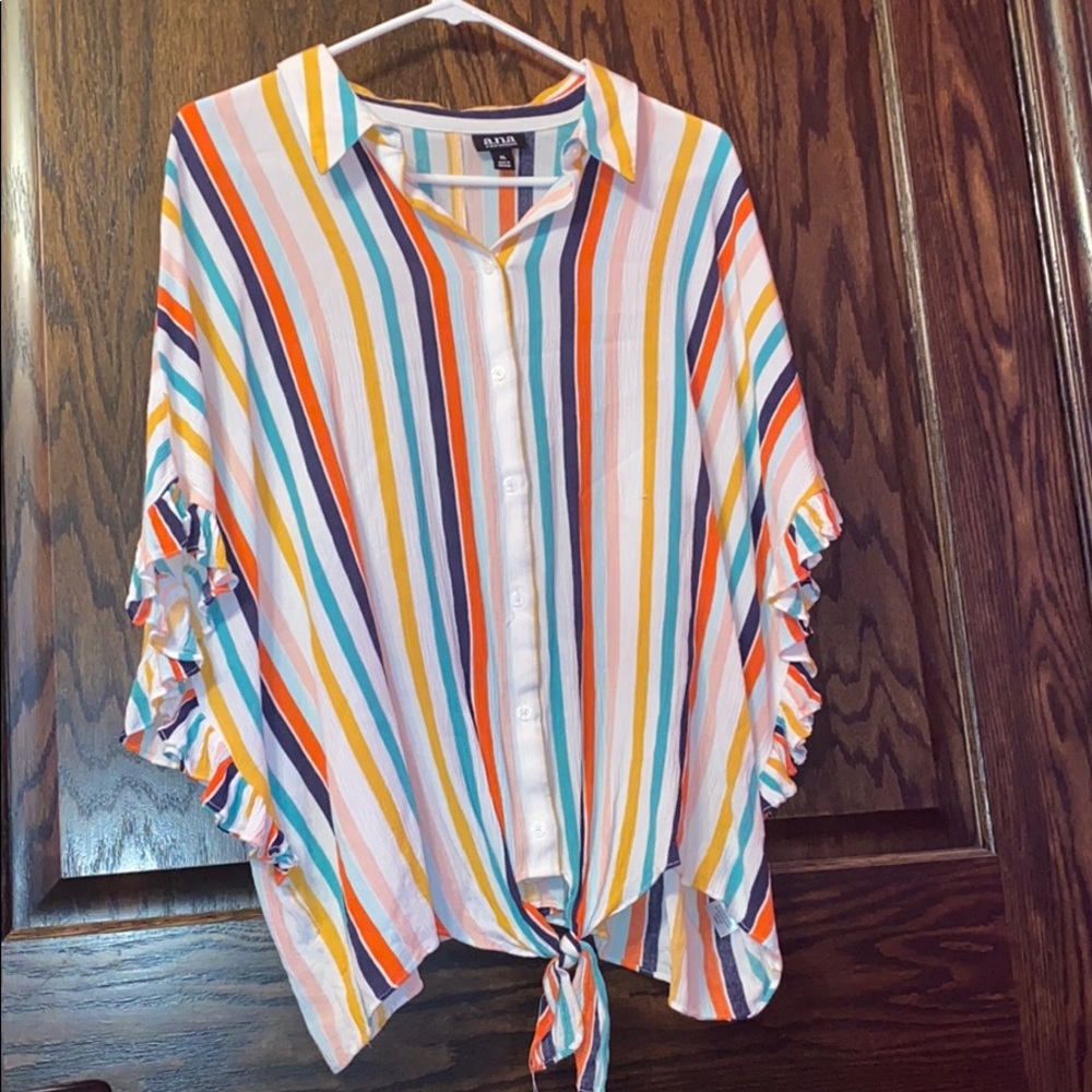 A striped button-up blouse.